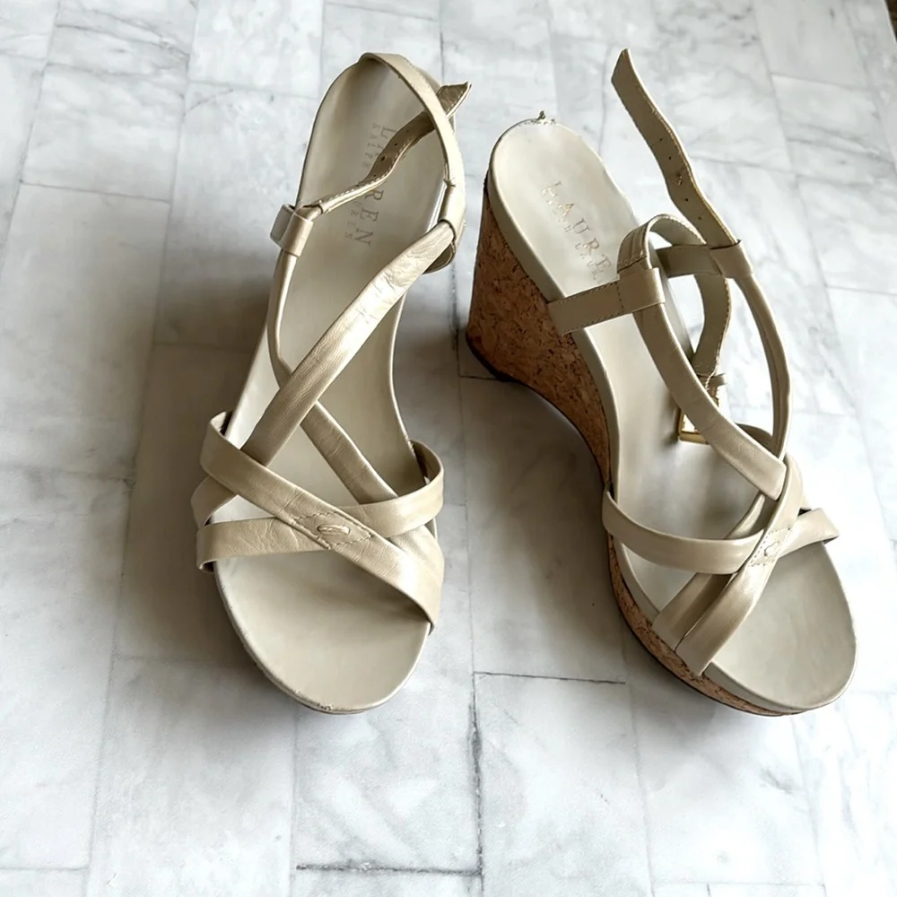 Lauren Ralph Lauren Strappy Leather Cork Wedges (Size 7.5)
